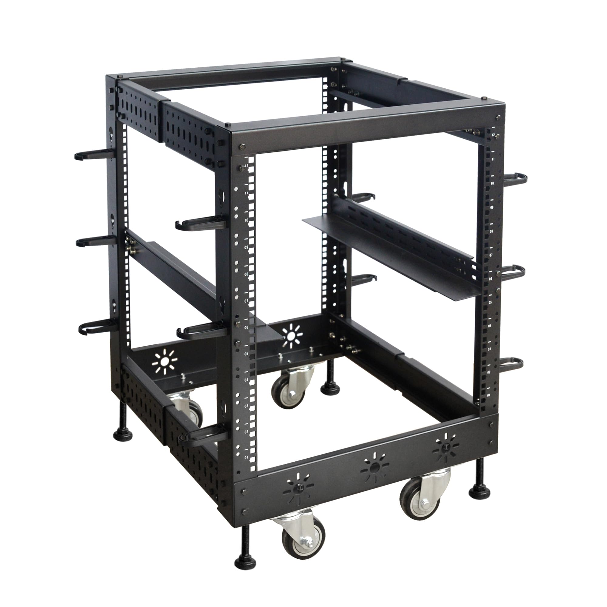 Photo 1 of RIVECO 12U 19” Adjustable Depth Server Rack Support Up to 1700LBS Floor Standing 4 Post Rack with L Rails & Load-Bearing Casters Universal for Network Equipment Black
