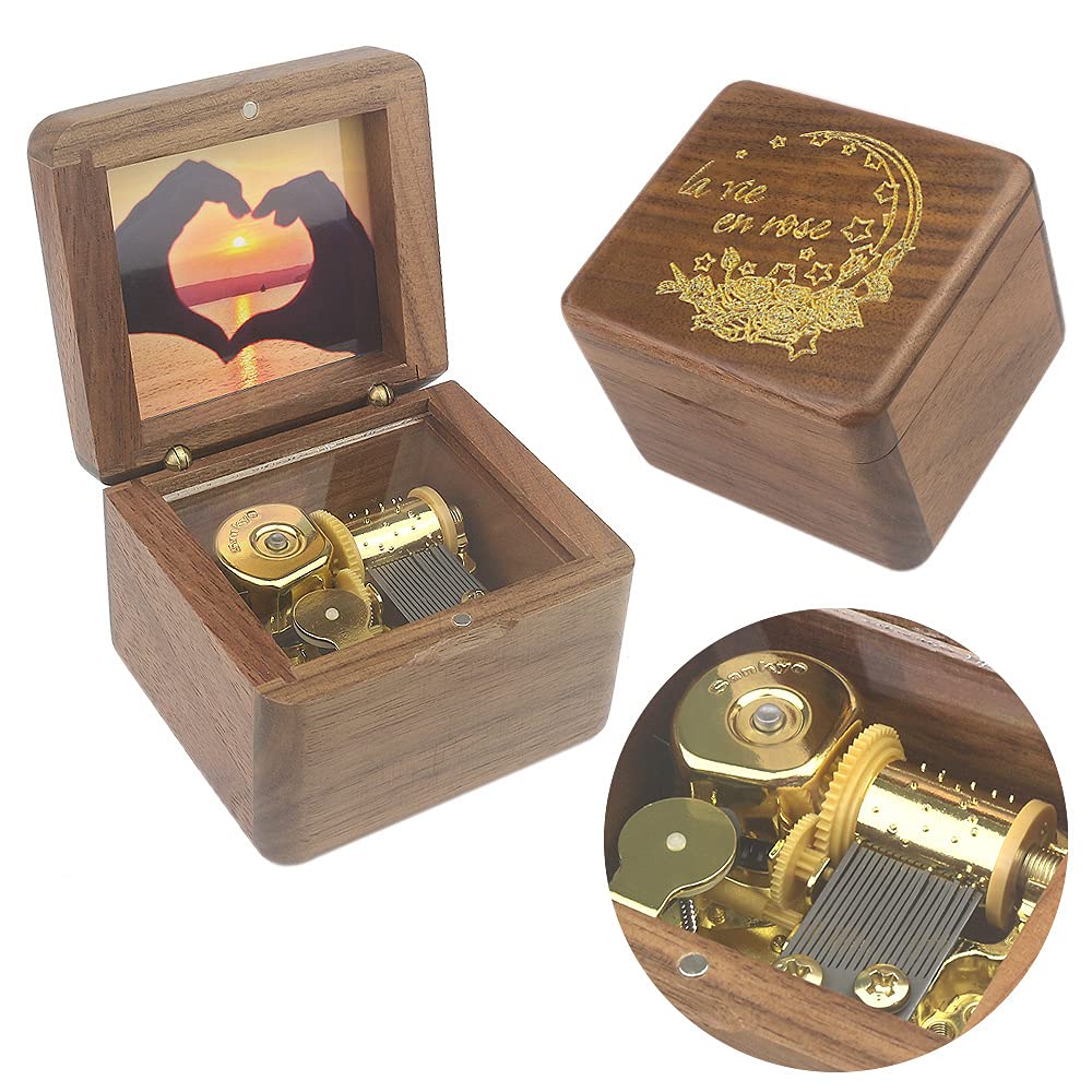 Sinzyo Natural Wooden Music Box with Customizable Photos Wind Up Musical Box Gifts for Christmas,Birthday and Valentine's Day(Character Walnut, Tone:La Vie en Rose)