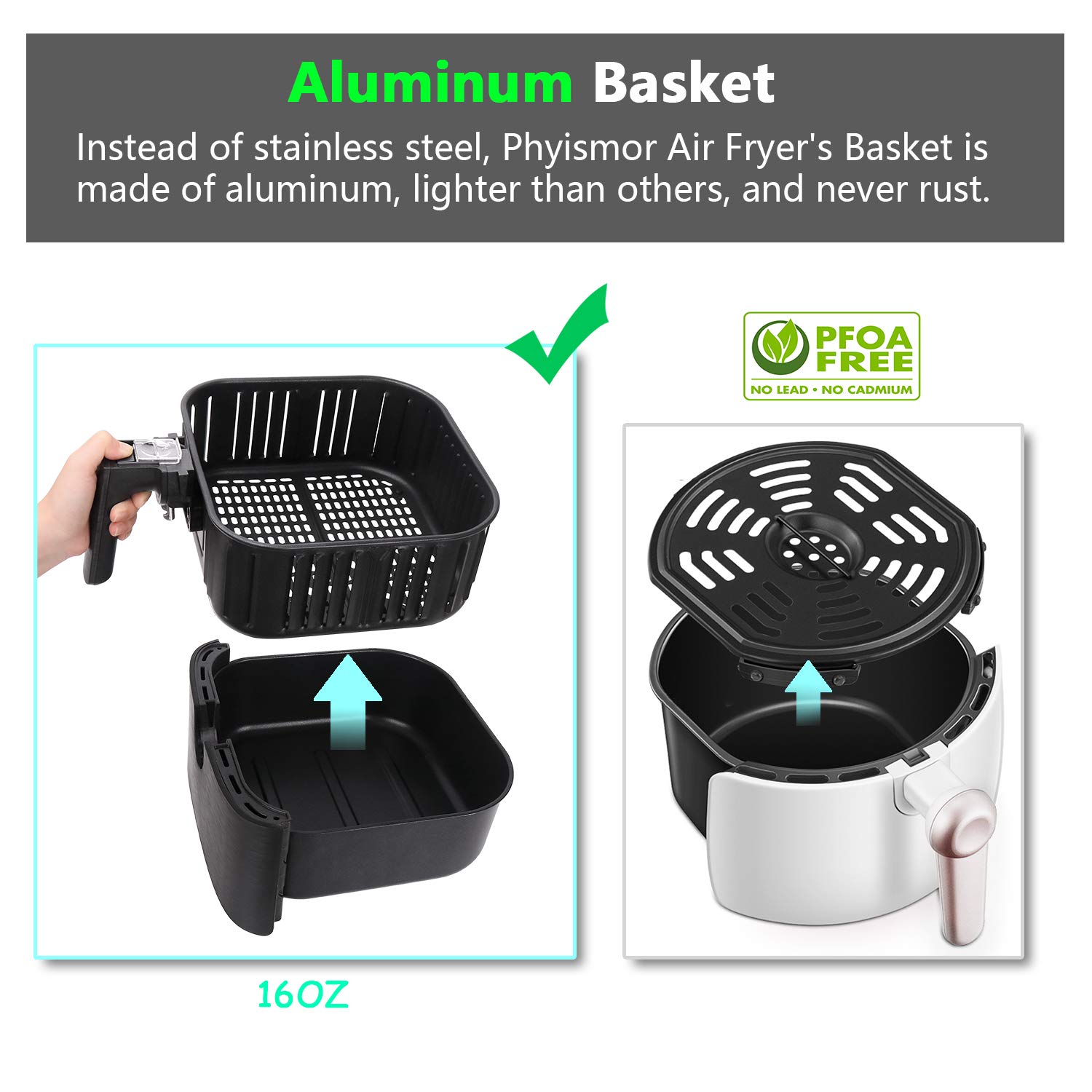 Air Fryer 5.8Qt, Phyismor Air Fryer Oven Oillness Cooker with Temperature & Timer Control, Aluminum Fryer Bakset, Dishwasher Safe ...