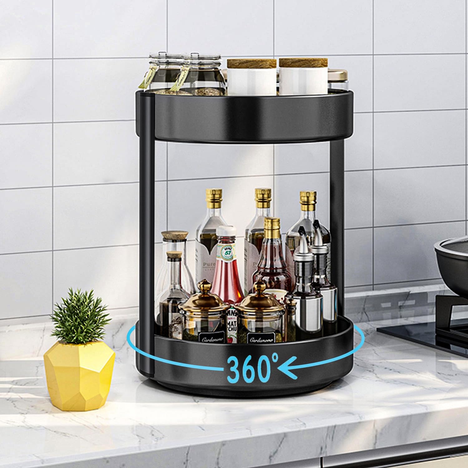 devesanter Lazy Susan Turntable, 2 Tier 360°Rotating Storage Rack Rotating Spice Rack, Multi-Functional Spice Rack for Kitchen Storage and Organization (Metal Steel Black 30cm)