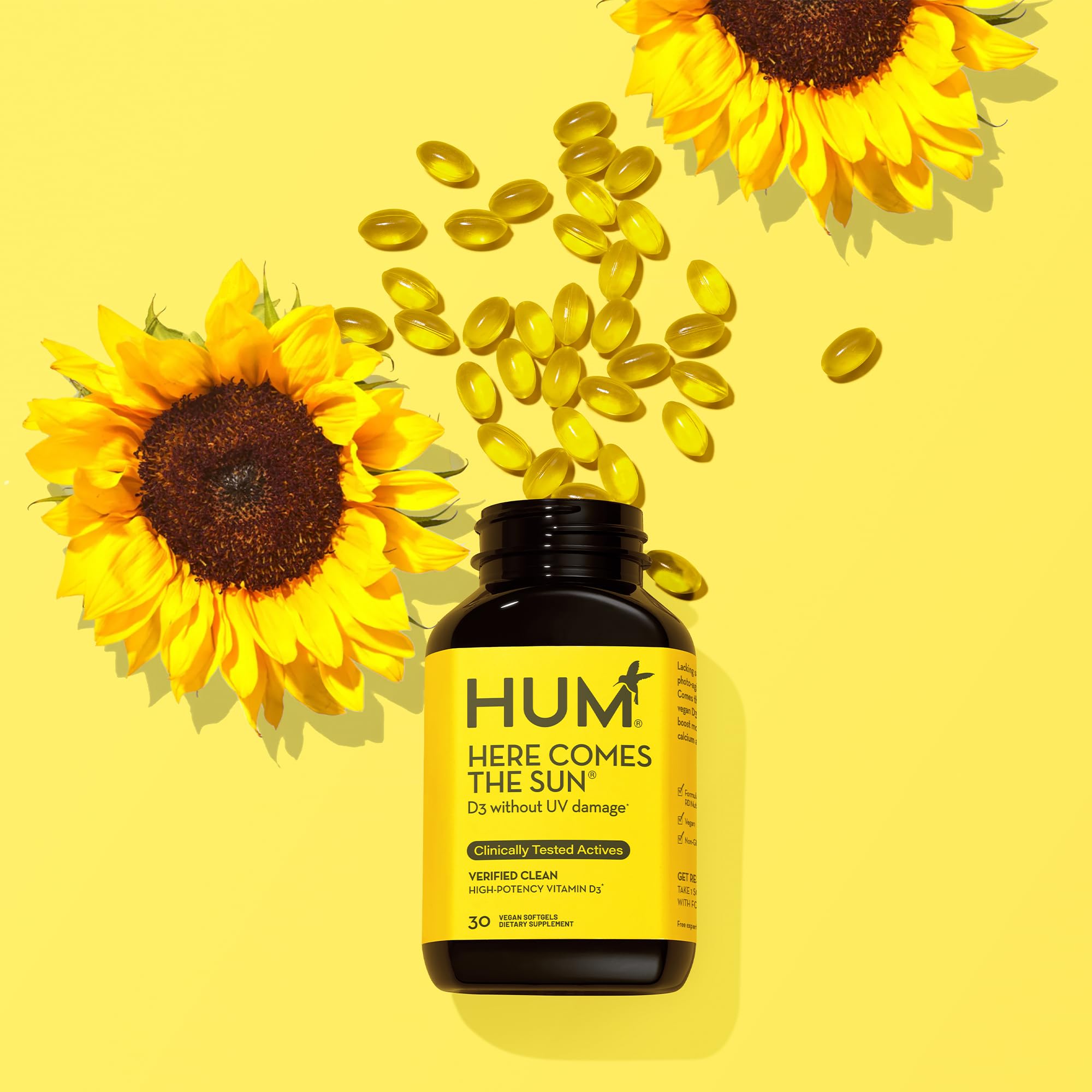 HUM Here Comes The Sun Immune Support Supplement with Vitamin D Supplements for Women and Men for a Healthy Immune System, D3 Vitamin Supports Bone Health, 30 Capsules