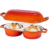 Dutch Oven For Sourdough Bread Baking – Enamelled Cast Iron Bread Loaf Pot – 500°F Oven Safe Non Stick Bread Pot – Double Round Loaf Space, 16.5cm Diameter, Orange, – by Nuovva