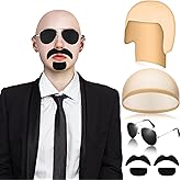 Mepase 5 Pcs Bald Caps with Glasses and Mustache Bald Head Wig Cap Party Costume Accessories for Women Men Halloween Cosplay(Smooth)