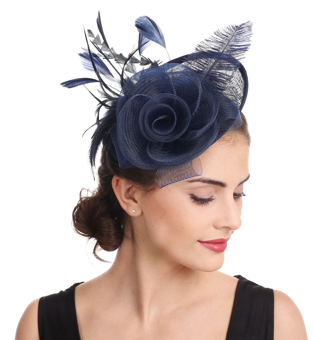 Haojing Sinamay Flower Feather Headband Fascinator Wedding Headwear Ladies Race Royal Ascot Pillbox Wedding Cocktail Tea Party Derby Hat for Women (A4-Navy Sinamay)