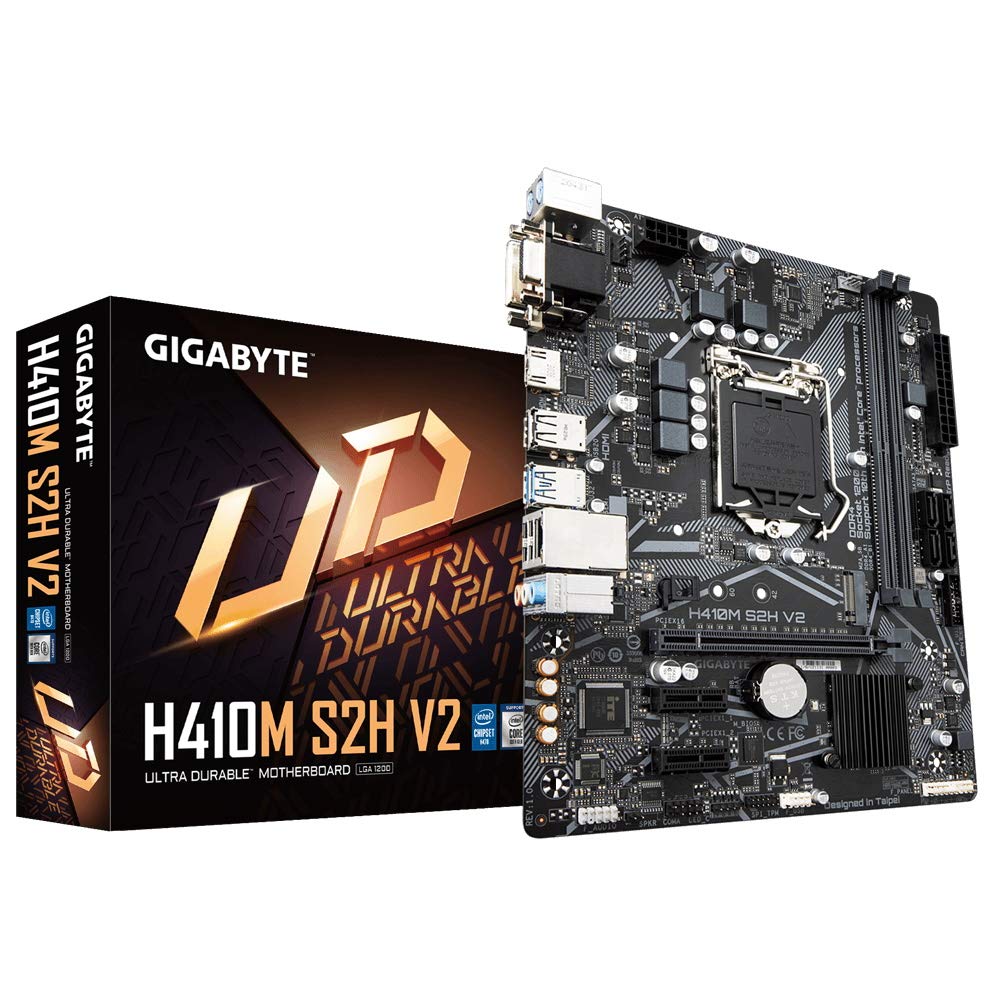 Gigabyte H410M S2H V2 Motherboard - Supports Intel Core 10th CPUs, up to 2933MHz DDR4 (OC), 1xPCIe 3.0 M.2, GbE LAN, USB 3.2 Gen 1