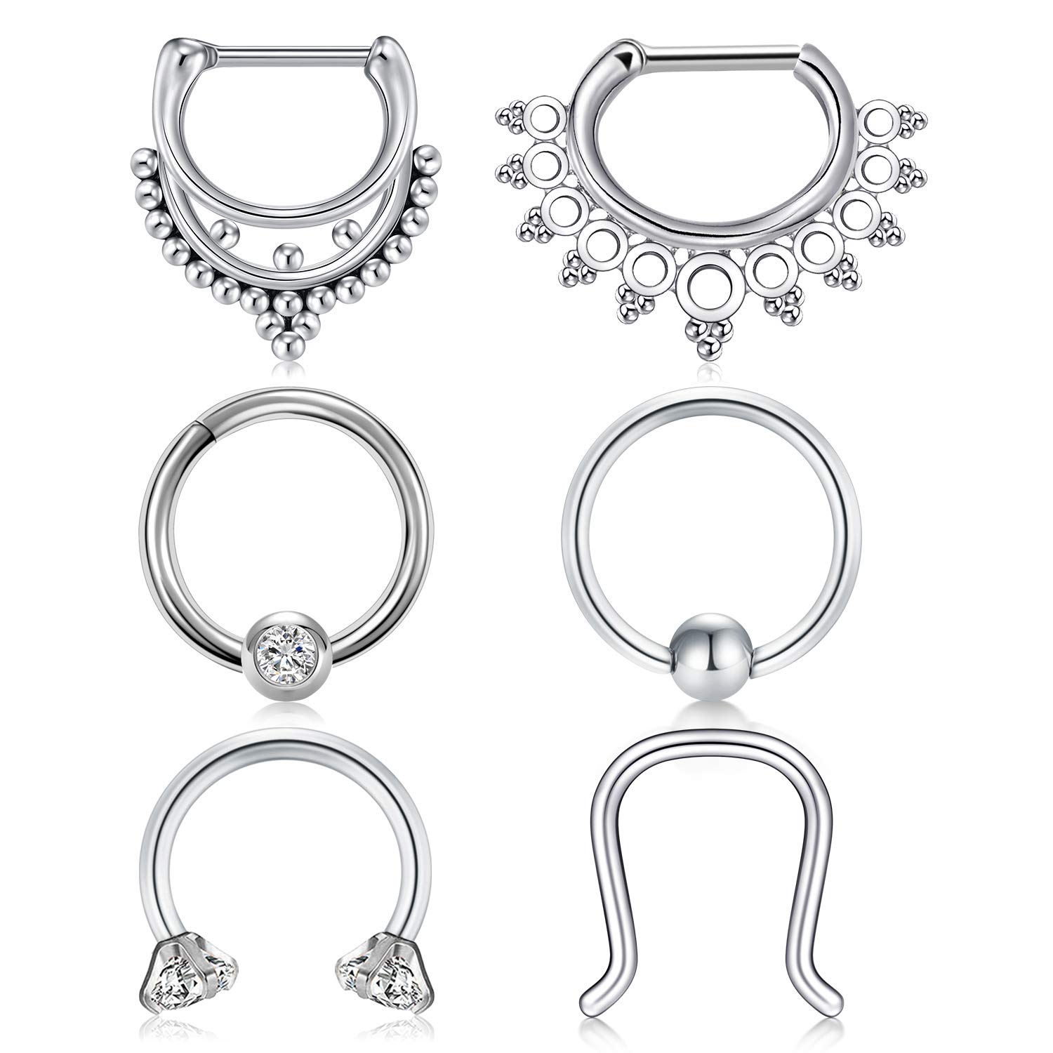 VF VFUN 6PCS Septum Rings Stainless Steel Hinged Clicker Segment Rings Nose Lip Rings Helix Cartilage Earrings Hoop Jewelry