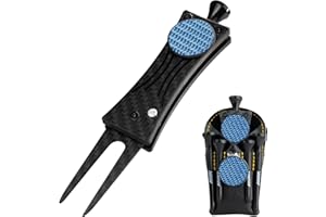 SANDIAN, Golf Divot Tool, Strong Super Light Carbon Fiber T800 Made Switchblade Foldable, Magnetic Ball Marker, Leather Holster, Easy to Carry in Pocket, for Professional and All Golfers