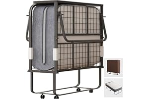 CECER Folding Bed with Mattress, 75" x 38" Rollaway Bed for Adults, 5 inch Thick Memory Foam Mattress，Twin Size Portable Foldable Bed with Headboard & Sturdy Metal Frame，Fold Up, Roll Away