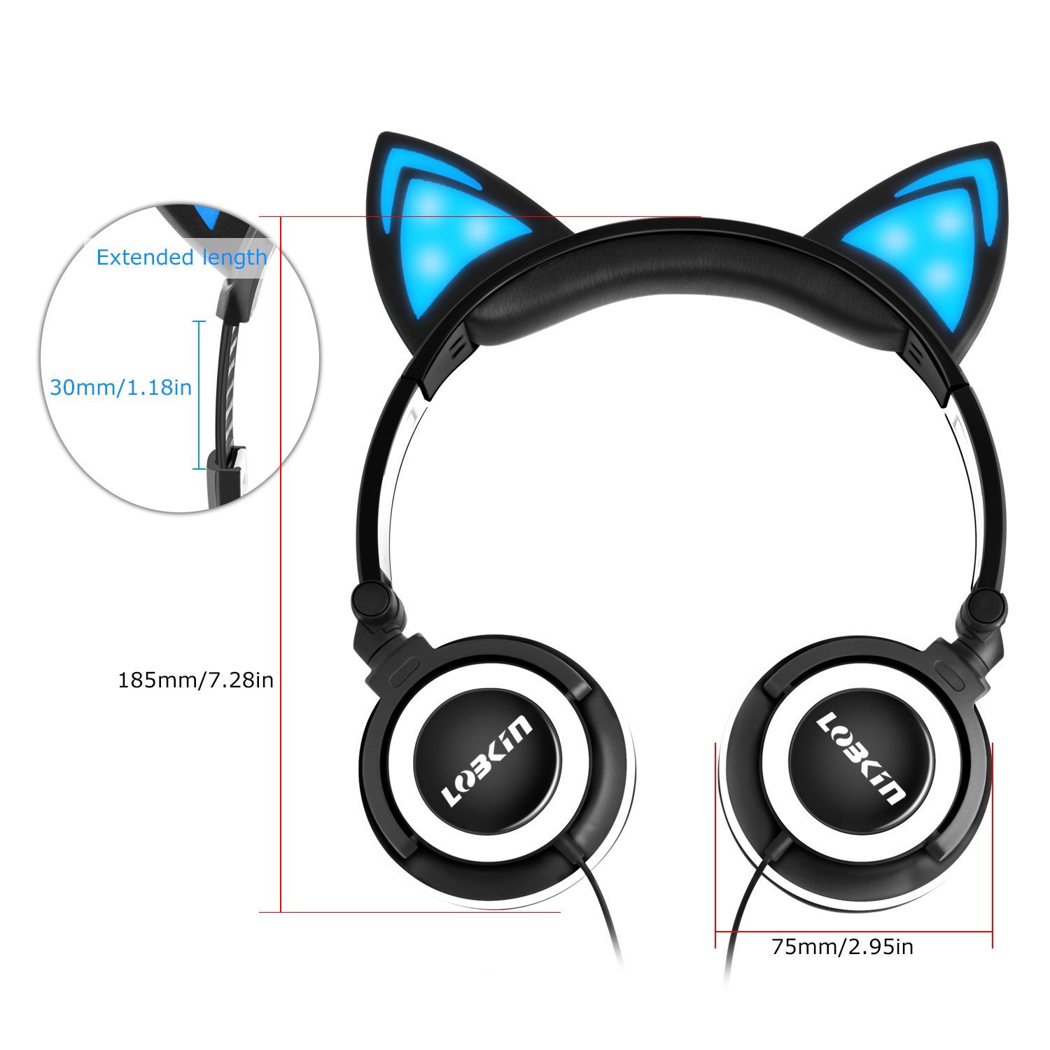 Cat Ear Headphone,LOBKIN Foldable Wired Over Ear Kids Headphone with Glowing Light for Girls Children Cosplay Fans,Compatible for iPhone,Android Phone (Black)