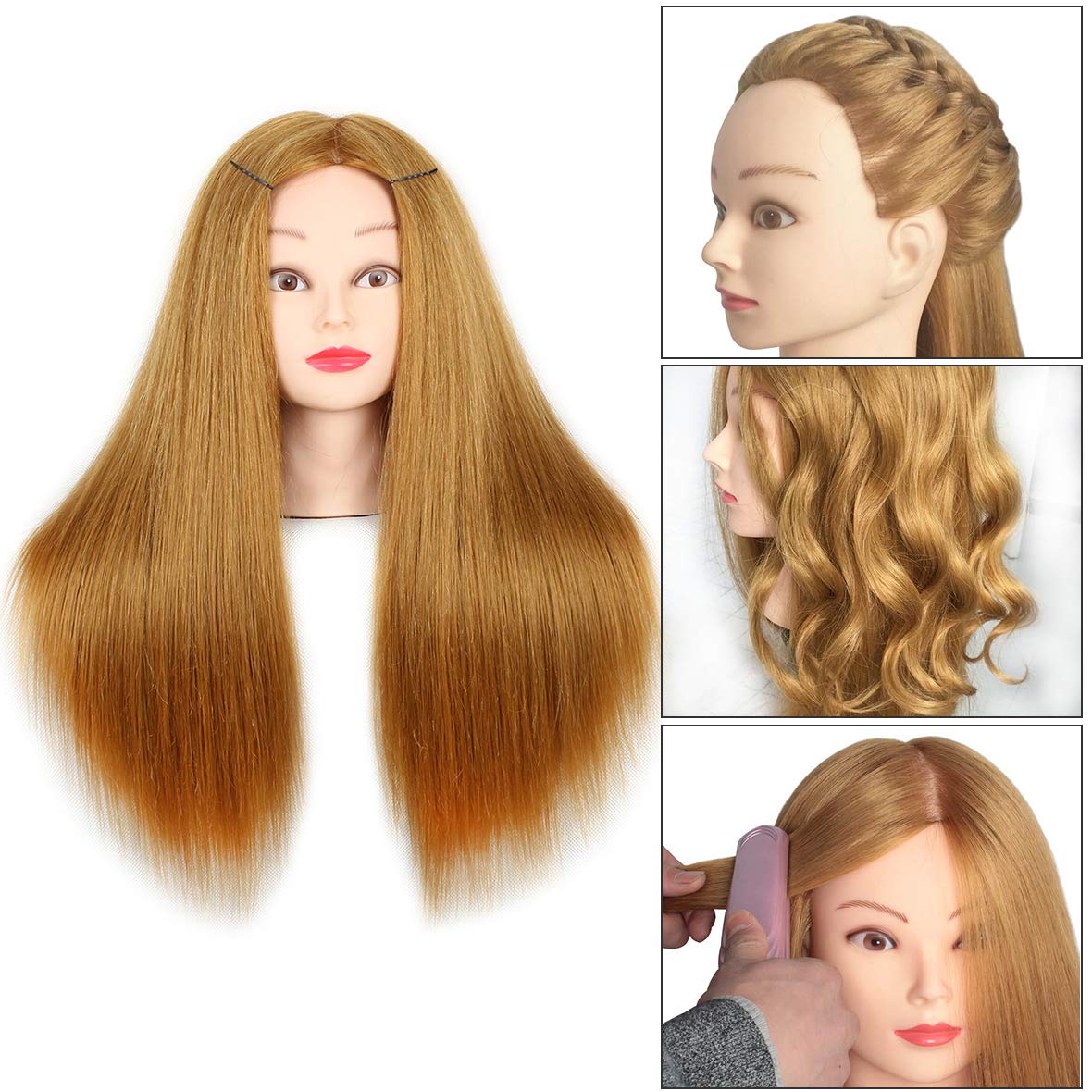 20 Inch Mannequin Head Hair Styling Human Hair Training Head Manikin Cosmetology Doll Head Hair Hairdressing training model with clamp Golden Color