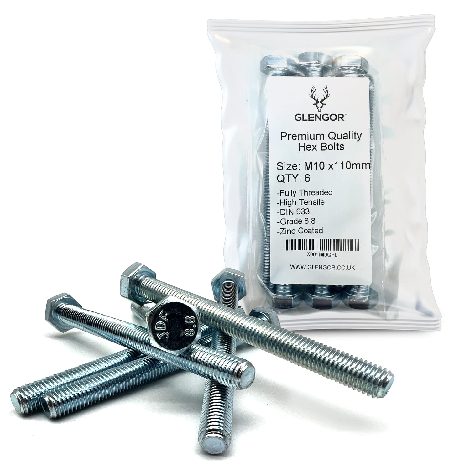 Glengor Premium M10 x 110mm Hex Bolt | Fully Threaded Setscrew Zinc 8.8 | Pack of 6