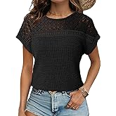 Dokotoo Women's Tops Casual Scoop Neck Short Sleeve Waffle Knit Hollow Out Shirts Loose Tunic Tops Blouses