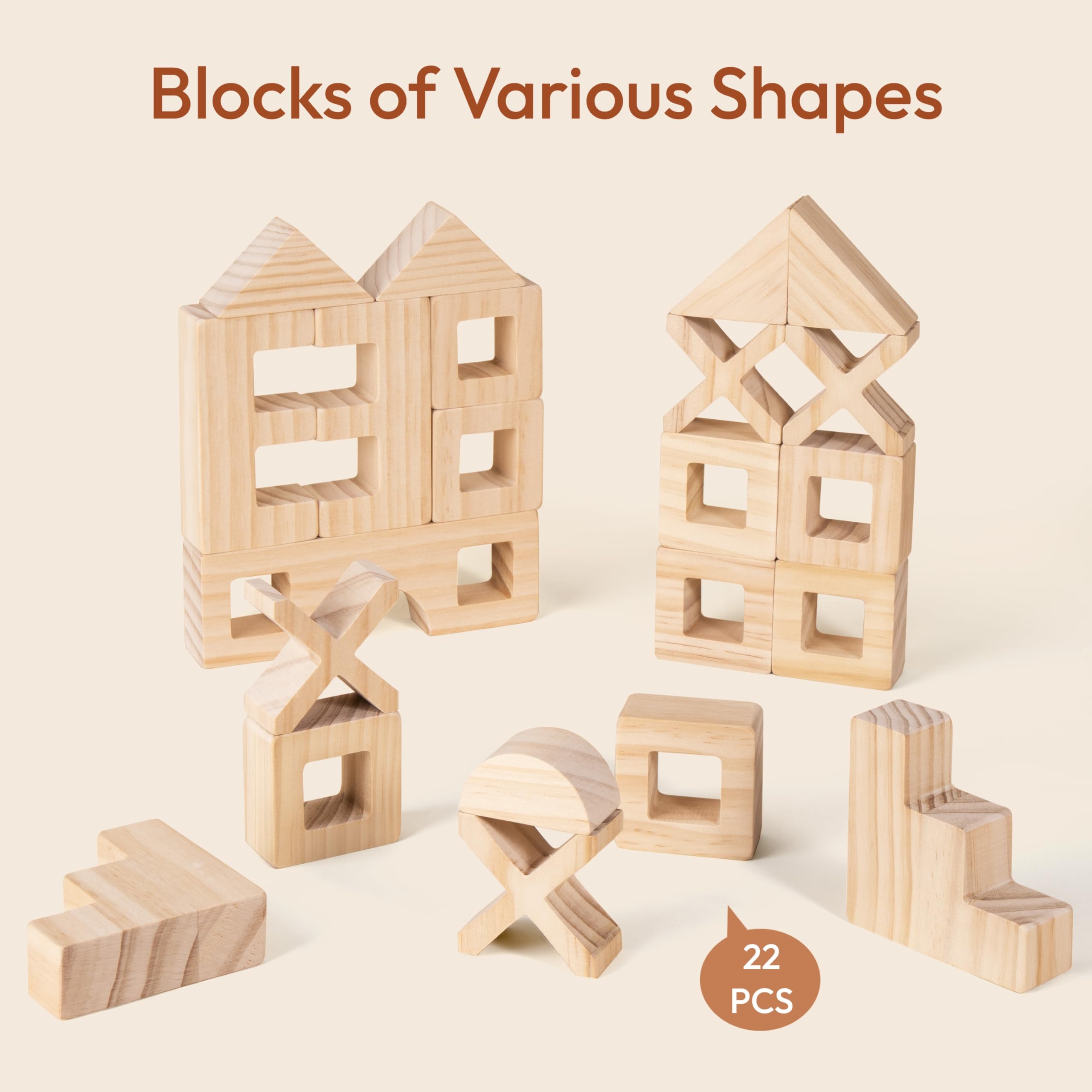 Woodtoe Wooden Rainbow Building Blocks Set for Kids, 22 PCS Wooden Blocks & 25 PCS Gem Cubes Stacking Blocks, Montessori Stacking Toys for Toddlers, Educational STEM Christmas Toys for Boys Girls 3-6