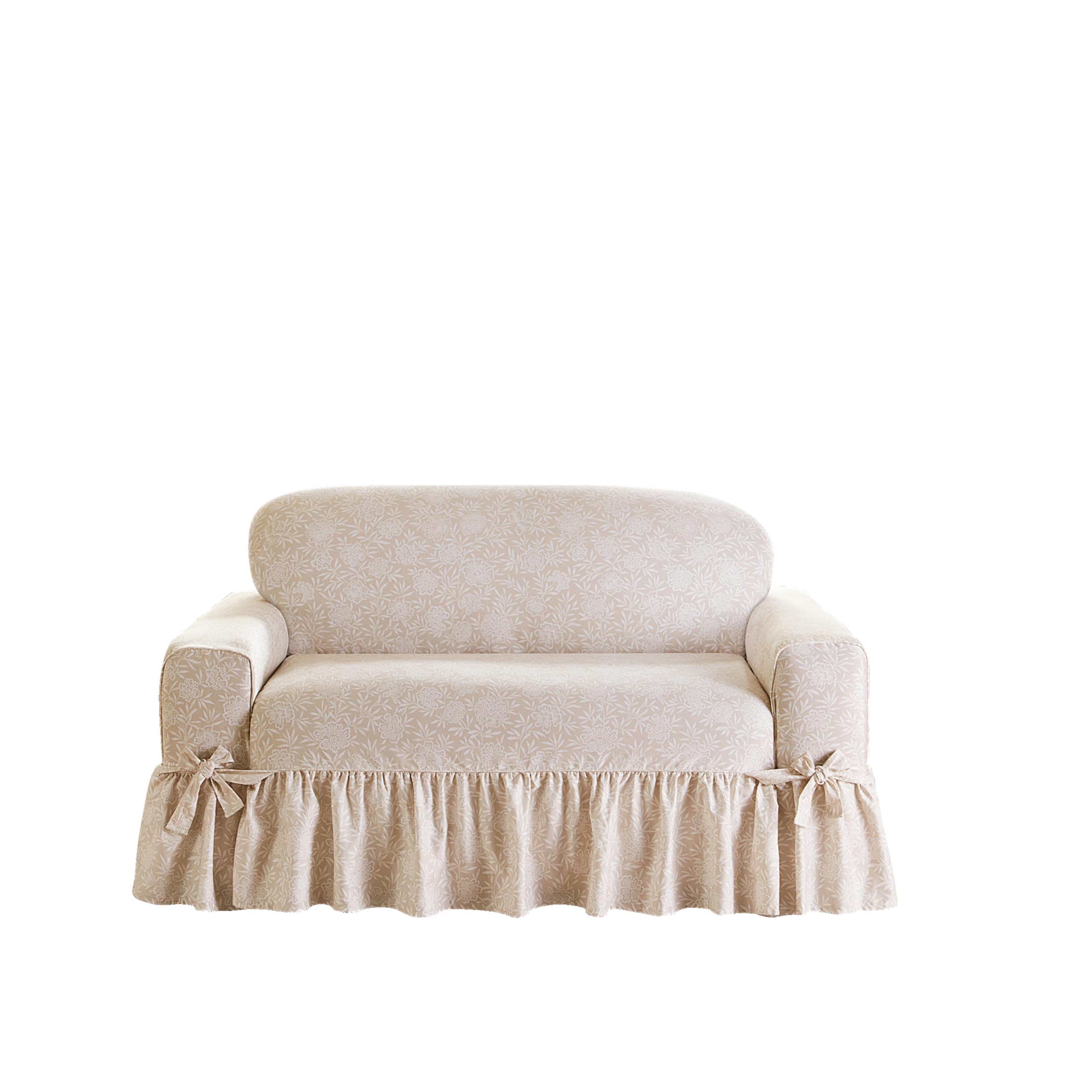 Photo 1 of SureFit Essential Twill Ruffled Loveseat Slipcovers, Loveseat Cover with Cotton Printed One-Piece Design and Ruffled Skirt, Machine Washable Love Seat Cover, Neutral Floral