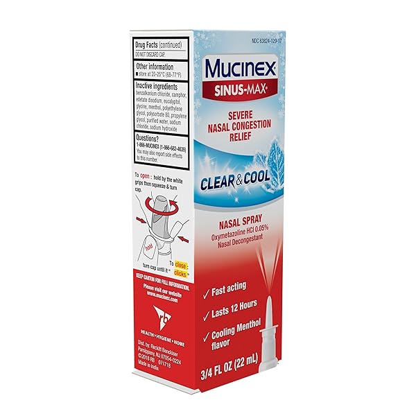 MUCINEX SINUS-MAX NASAL SPRAY DECONGESTANT, 12 HOUR OVER-THE-COUNTER MEDICATION NOSE SPRAY FOR SINUS RELIEF, NASAL DECONGESTANTS FOR ADULTS & SINUS CONGESTION, CLEAR & COOL 3/4 FL OZ(22ML)