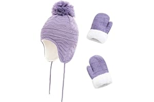 EXEMABA Toddler Winter Hat with Mittens Set - Baby Kids Warm Fleece Knit Beanie Hat & Thick Gloves Skiing Cap for Boys Girls