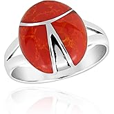 Aeravida Minimalist Ladybug Inspired Reconstructed Red Coral Inlay .925 Sterling Silver Ring | Classic Wedding Rings For Women | Casual Comfort Fit Silver Rings for Women | Gift for Daughter | Sterling Silver Rings Sizes (6-10)