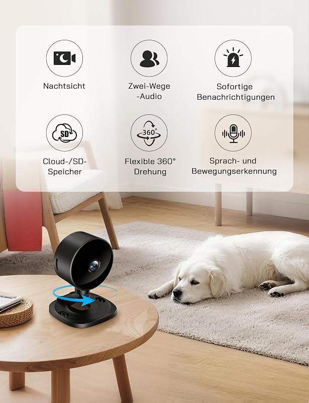 Überwachungskamera Innen 1080P, Mini Kamera WLAN für Zuhause mit Nachtsicht, Bewegungserkennung, 2-Wege-Audio, Ohne Monatsgebühr, Kompatibel mit Alexa & Google Home, Nur 2,4GHz WLAN