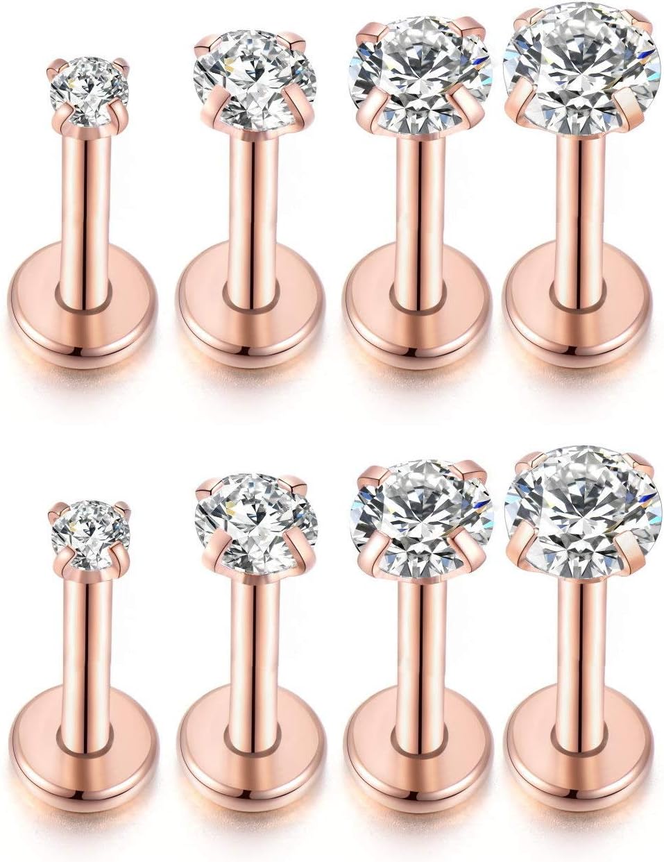 4Pairs 16G Rose Gold Cartilage Stud Earrings 316L Stainless Steel Tragus Labret Lip Nose CZ Piercing Barbell Ring