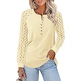 Minetom Women's Lace Long Sleeve Tops Henley Shirts Casual Blouses Tees | Loose Fit, Cotton Blend, Not Clingy, Stretchy, Lace Sleeve, Fall Winter Clothes, Trendy Daily Outfits