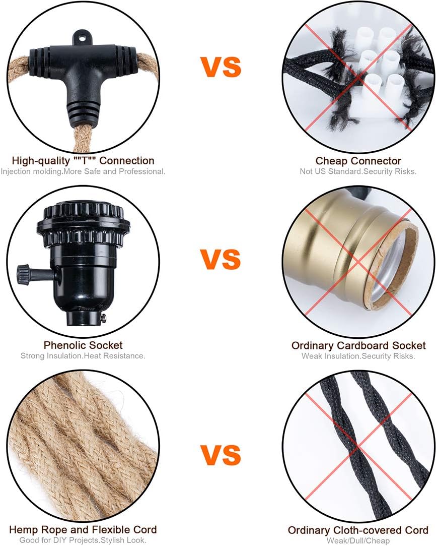 Triple Pendant Light Cord Kit with Independent Switch Hemp Rope Vintage Hanging Lighting Cord Fixture Compatible with E26 for Industrial DIY Projects Decoration - - 