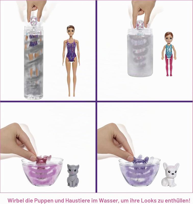 GXJ88 - Color Reveal Überraschungsparty, +50 Überraschungen: 1 Puppe, 1 Chelsea Puppe, 2 Tiere, 6 Farbwechsel, Zubehör & mehr, Tanzparty Set, Spielzeug Geschenk für Kinder ab 3 Jahren