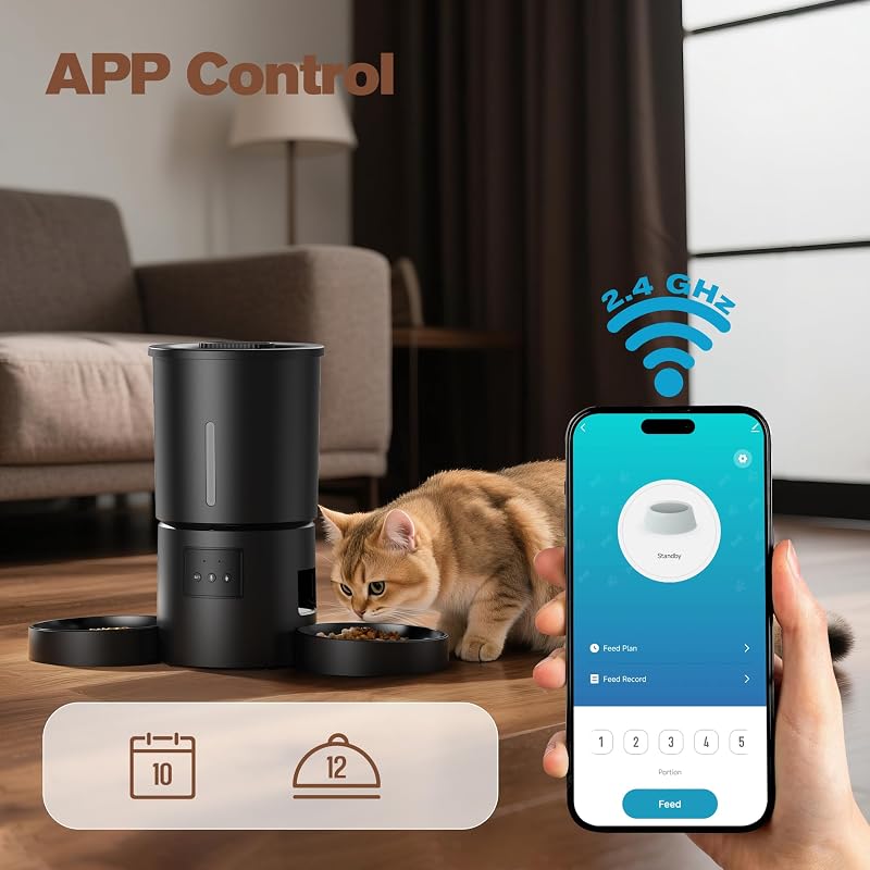Distributore Automatico Cibo Gatti 2 Ciotole: 5L Distributore Automatico Cibo Cane con Timer WiFi 2.4G per Crocchette - Design Doppia Ciotola per Famiglie con Più Gatti & Cani - Nero