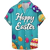 Happy Easter Shirts for Men Funny Letter Print Cute Bunny Easter Eggs Graphic Short Sleeve Button Down Hawaiian Shirt