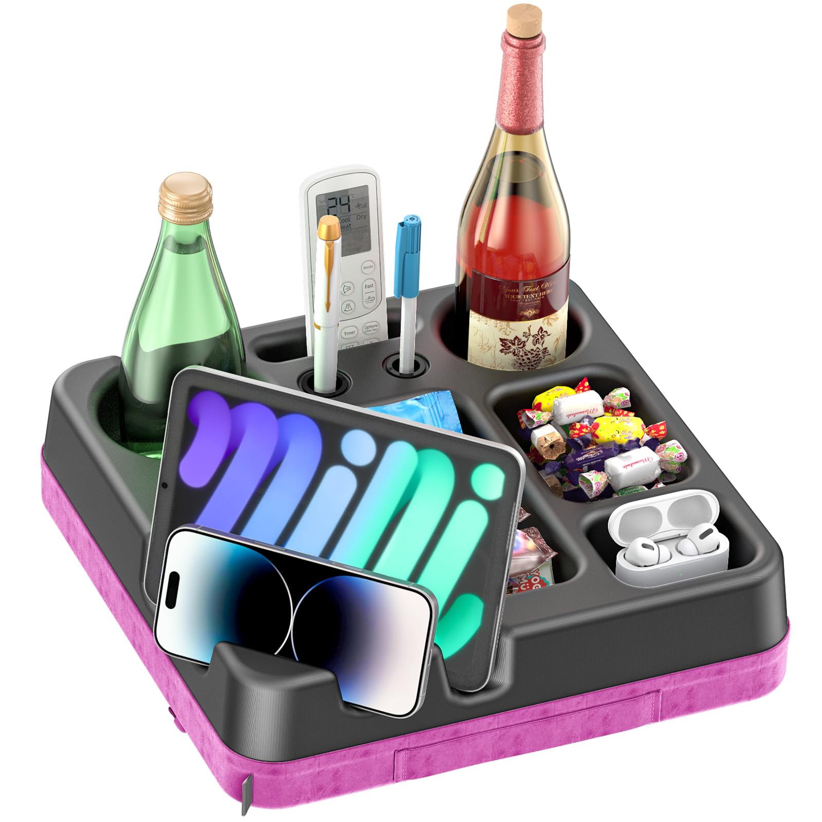 Photo 1 of Couch Cup Holder Tray Couch Cup Holder Pillow Bed Tray Snack Sofa Bed Caddy Organizer Beach Sofa Drink Holder Anti-Spill Portable Snack Caddy Couch Remote Holder for Phone Pad Kindle Beverage Purple