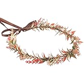 KorViSHOW Red Flower Crown Headband, Artificial Golden Green Leaf Floral Headpiece, Artificial Fairy Boho Flower Headband for Women Girls Wedding Festival Vacation Renaissance Party Photography Props