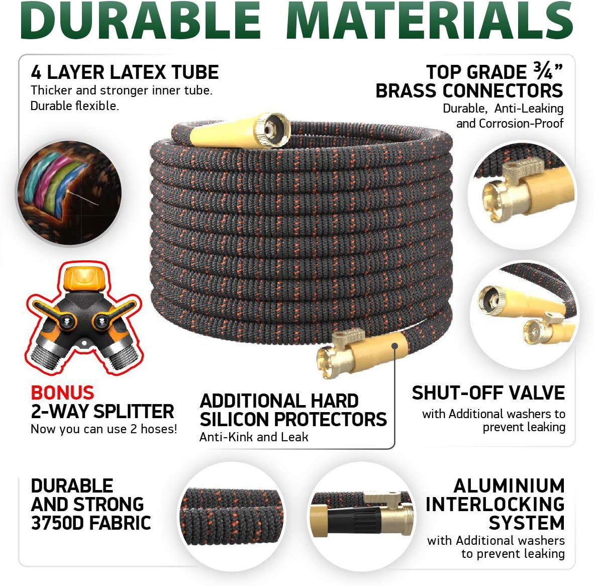 [7 in 1] Garden Hose Expandable Set 50ft - Superior Strength 3750D / 4-Layers Latex/Extra-Strong Brass Connectors / 10-Way Durable Zinc Water Spray Nozzle, 2-Way Pocket Flexible Splitter (50 Feet) : Garden & Outdoor