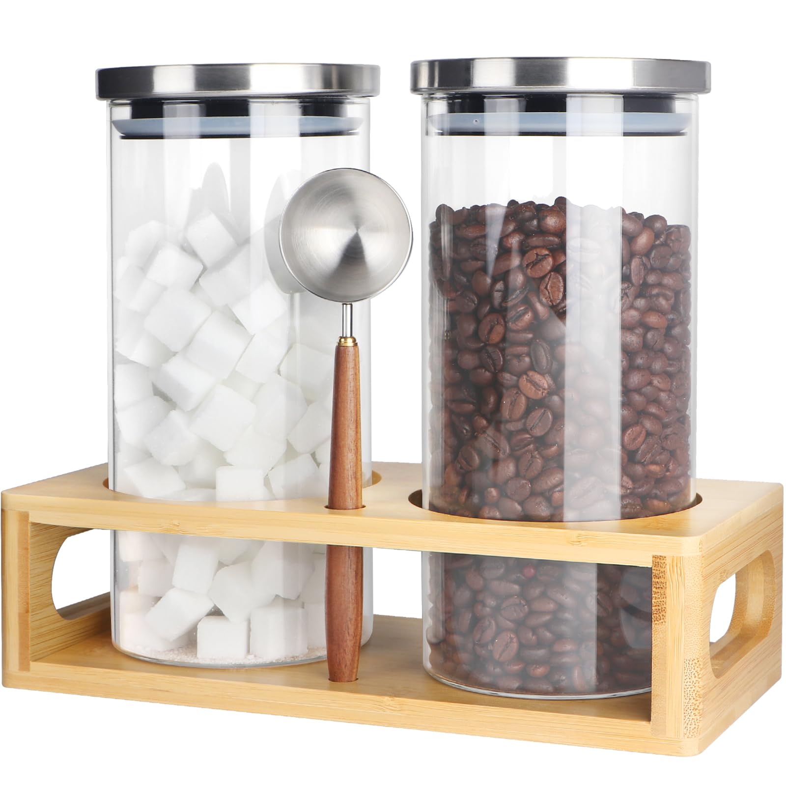 Photo 1 of DTUQYX Coffee Container Ground Coffee, Glass Coffee Canister, Food Storage Containers w/ Airtight Lids Stainless, Coffee Sugar Container Set, 45oz Coffee Bean Storage Jars w/ Shelf & Spoon (HM5417)