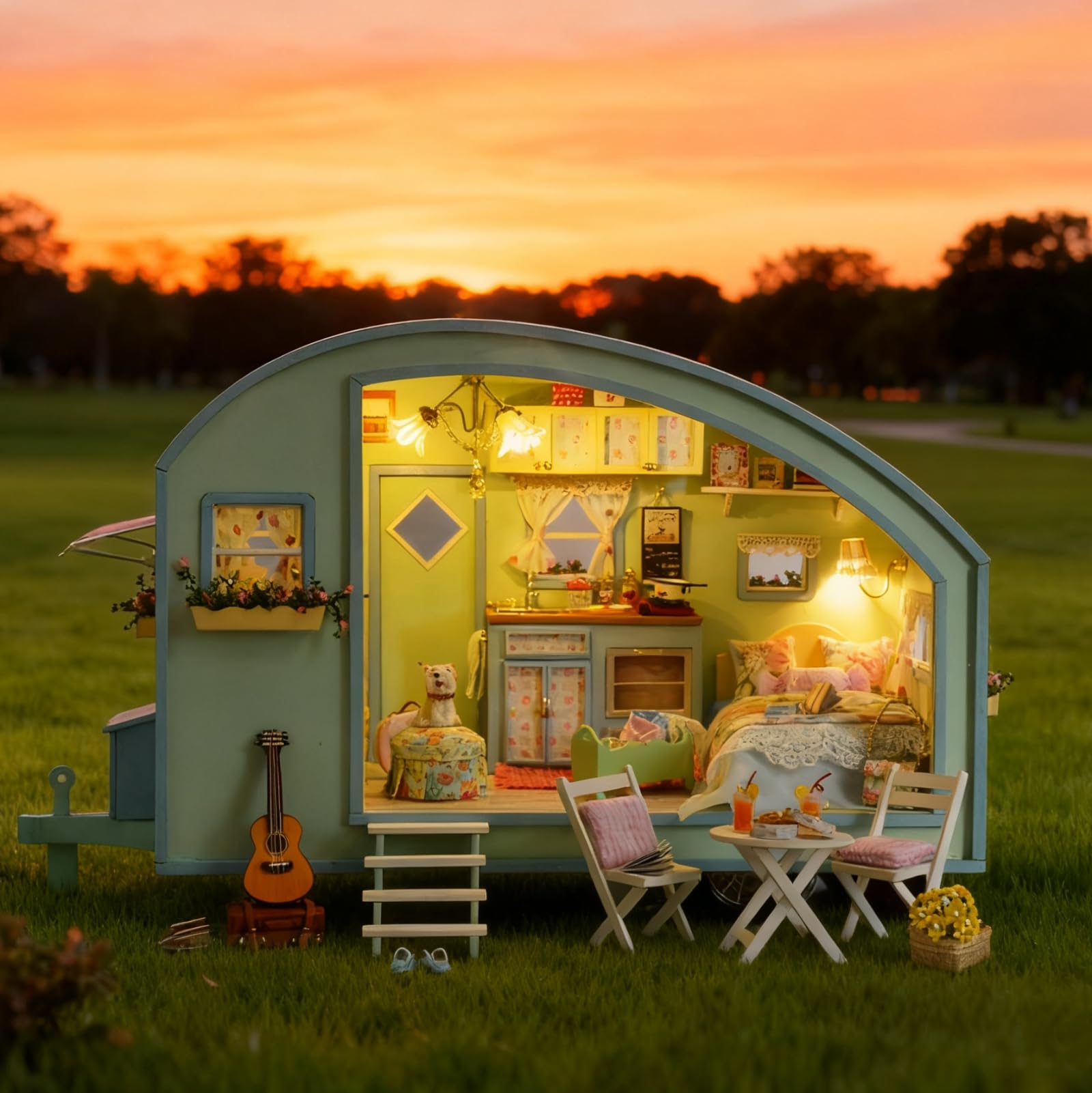 CUTEROOM DIY Miniature House Kits for Adult, Wooden Dolls House Handcraft Creative Room for Decoration, Model House Kit with Furniture- Caravan Time Travel