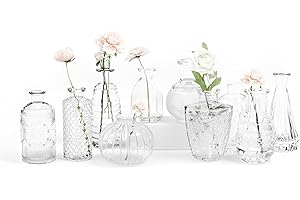 Gather & Bloom Creations Glass Bud Vases in Bulk – Set of 10 Mini Wedding Centerpiece Vases – Durable, Vintage-Inspired Clear Glass Vases for Flowers and Table Decor
