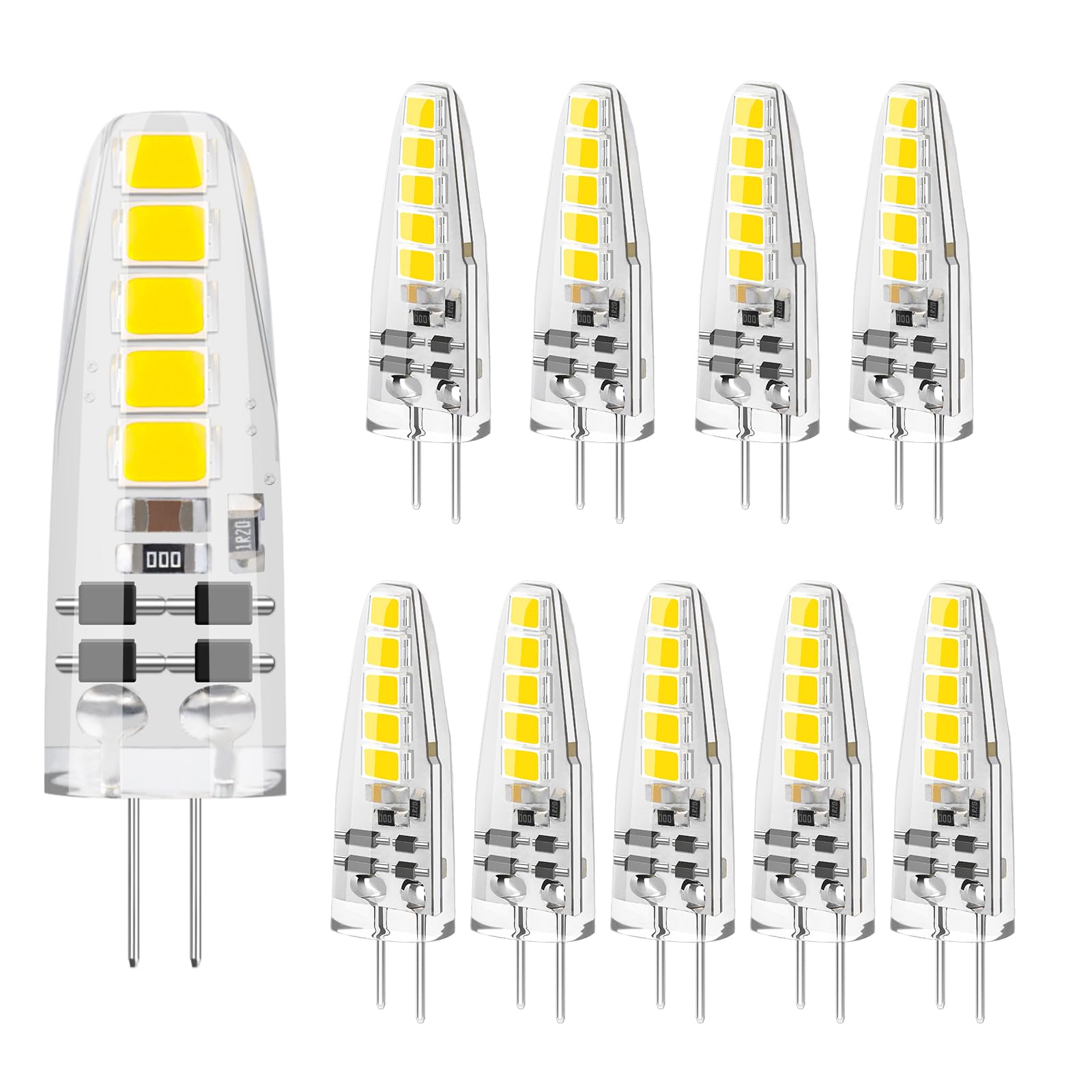 DiCUNO G4 LED Dimmable Light Bulbs 2W, 12V, 185LM, Daylight White 5000K, Equivalent to 20W G4 Halogen Bulb, Bi-Pin Base, No Flicker Capsule Bulb for Chandelier Home Lighting Decor, 10 Pcs