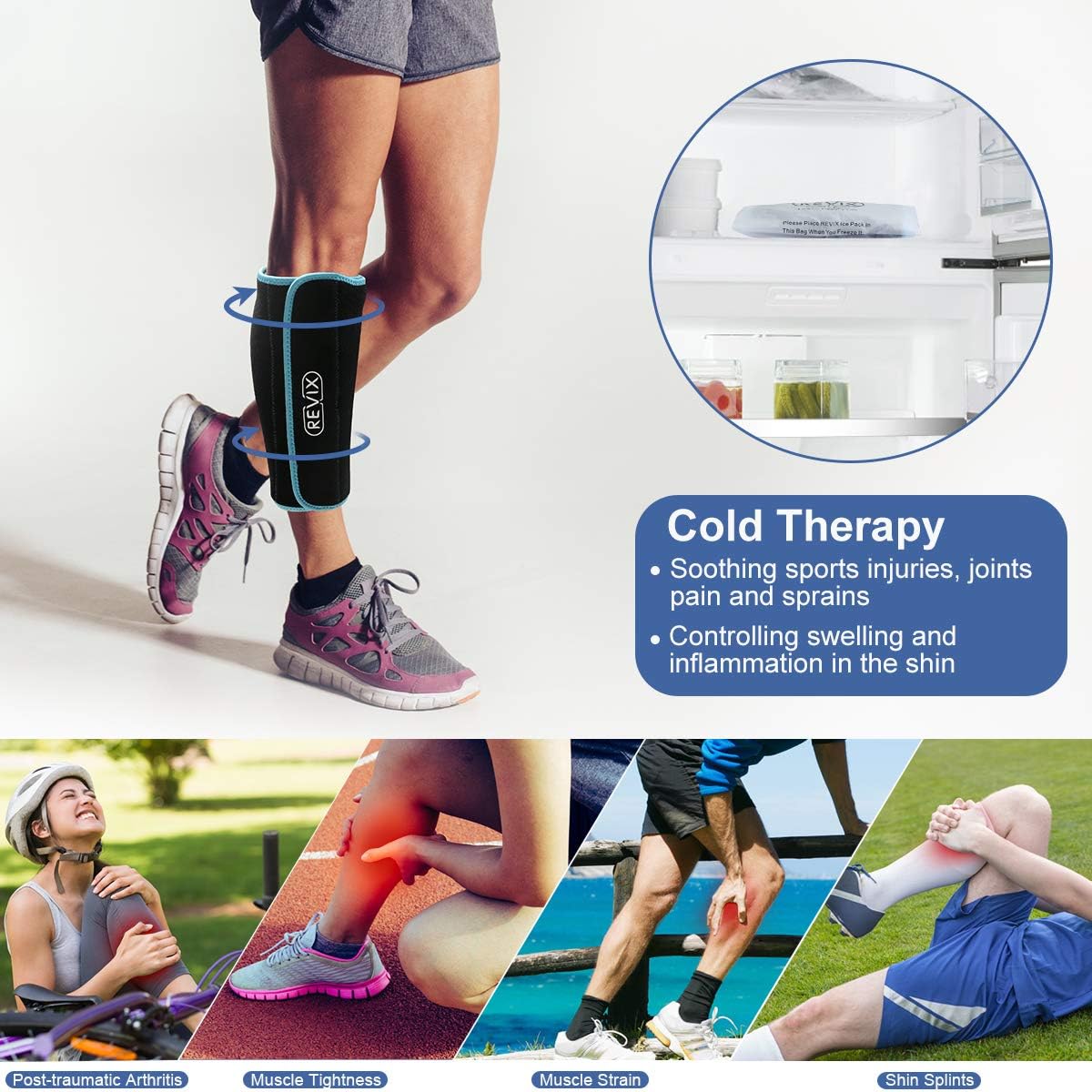 REVIX Calf and Shin Gel Ice Packs for Injuries Reusable Leg Cold Pack Wrap Cold Therapy Compression Sleeve for Swelling, Bruises, and Sprains, Shin Splints Leg Pain Relief Support: Health & Personal Care