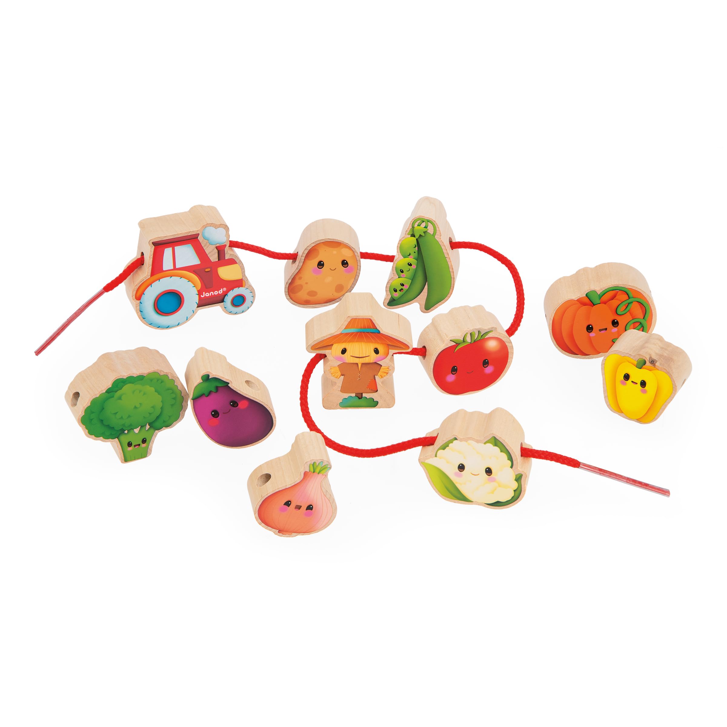 Janod - Threading Beads - Vegetable Garden Theme - Early-Learning Toy - 11 Wooden Beads + 2 Cords for Kids - Develops Dexterity - FSC Wood Toy - 24 Months +, J03313