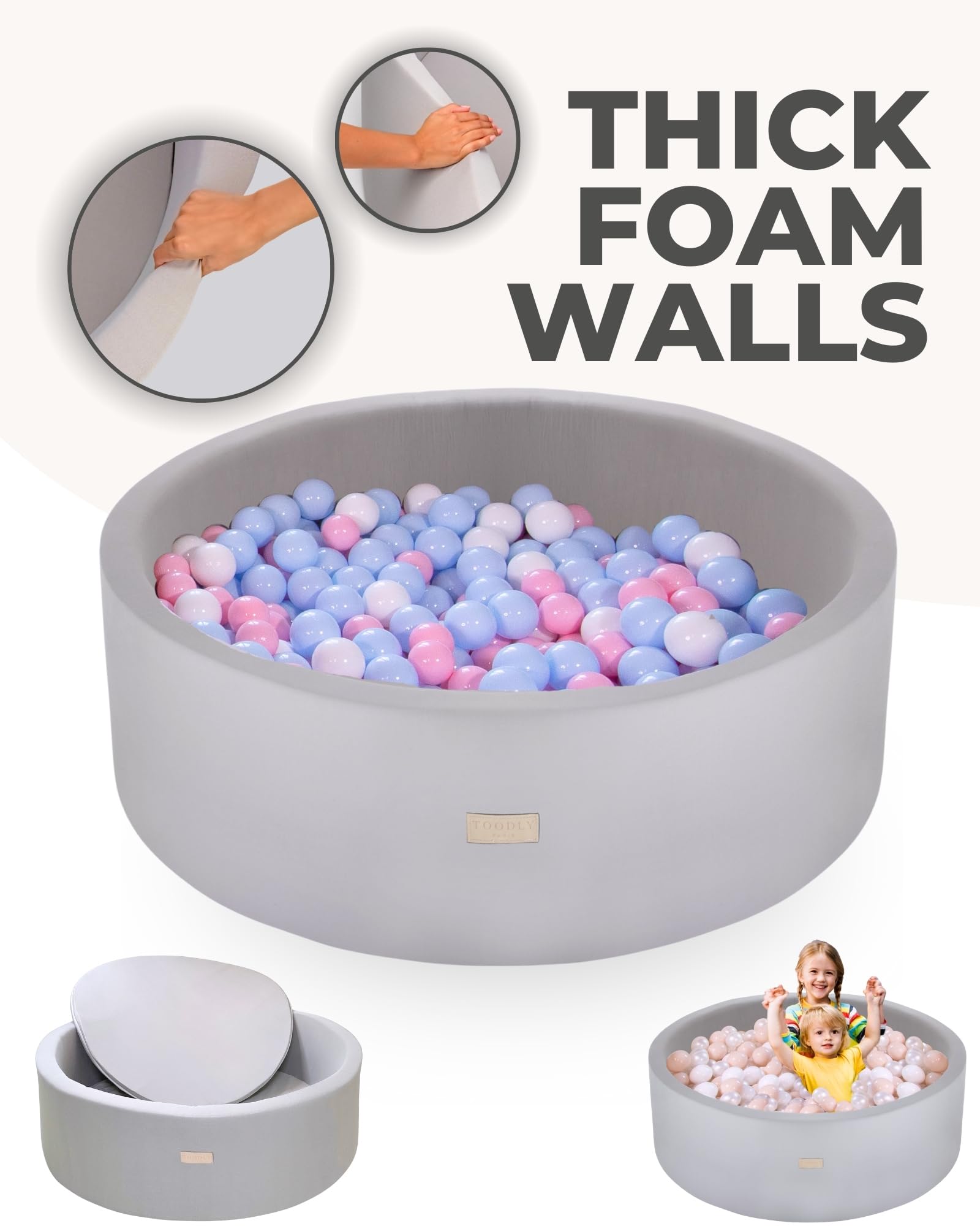 Soft Ball Pit for Toddlers and Babies 35.5 in - Durable Foam Ball Pit for Babies and Toddlers - Balls NOT Included - Grey - Toodly