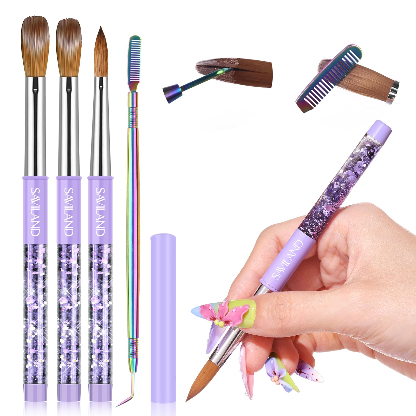 SAVILAND Kolinsky Acrylic Nail Brush Set: Size 6,10,14 Professional Nail Brushes with Cleaner Tool Purple Quicksand Metal Handle for Acrylic Powder Nail Extensions & 3D Carving Salon DIY Nail Art — image 1