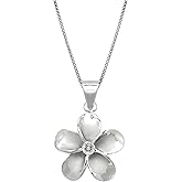 Honolulu Jewelry Company Sterling Silver CZ Plumeria Flower Nature Pendant Necklace with 18" Box Chain