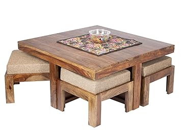Ikiriya 100% Solid Sheesham Wood 4 Seater Coffee Table Set - Teak Finish ; Beige Jute