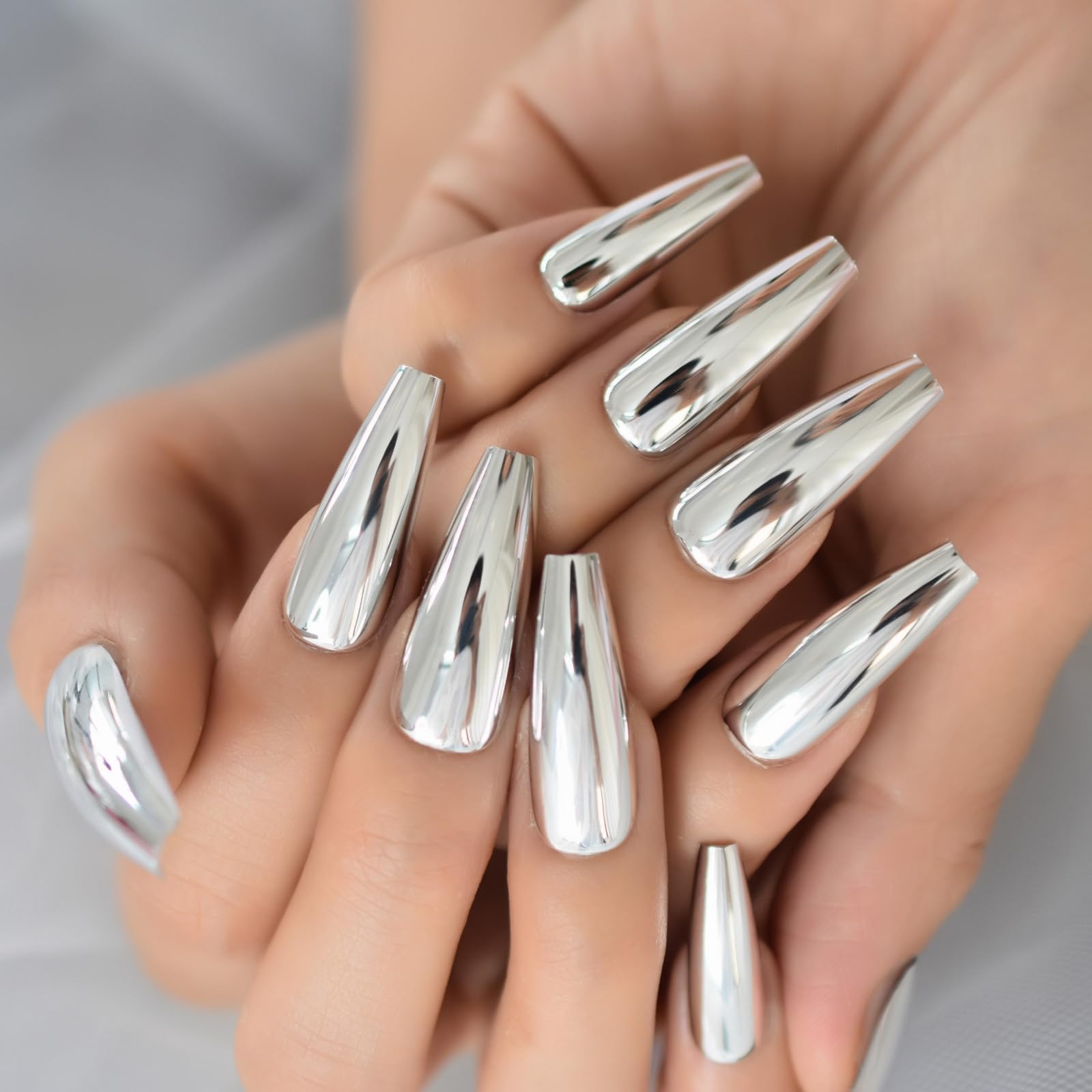 iMABC Silver Punk Metallic Press On False Nails Long Coffin Ballerina Chrome Mirror Fake Nails Full Cover Acrylic Nail Tips with Glue Tape For Women And Girls - Image 2