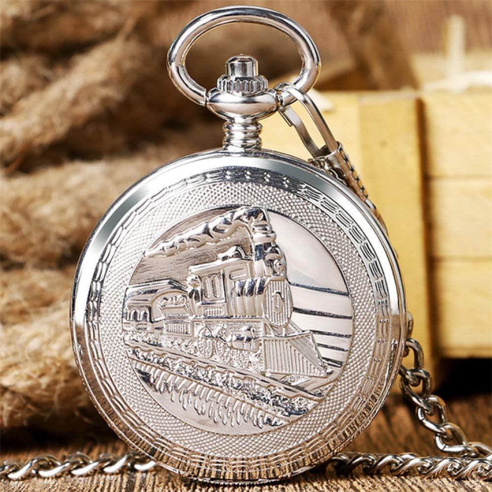XLHB Refined and elegant Vintage Pocket watch Classical Antique Gold/Silver/Bronze Steampunk Train Mechanical Roman Numerals Display Collect Hanging for Christmas Birthday Gift (Color : Silver)