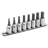 Powerbuilt Hex Bit Socket Set, 8 Piece, 3/8 Inch Drive Metric, Sizes 3-10mm, Ball End Sockets, Storage Rail - 642405