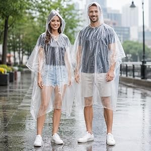 2 Pack Disposable Raincoat, Clear Hooded Rain Ponchos for Adults, Lightweight Emergency Rain Cover