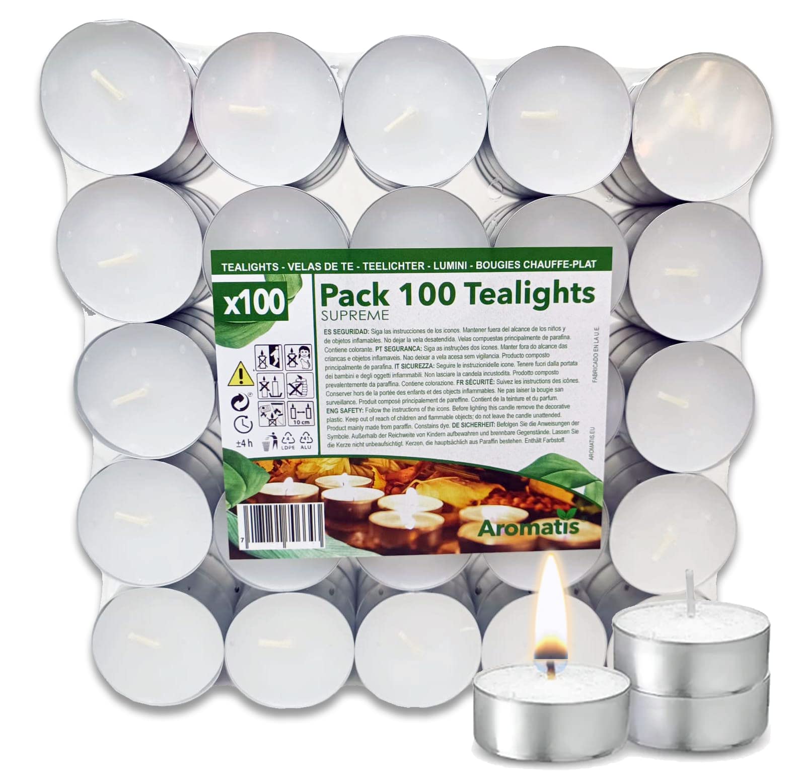 AROMATIS - 100 x Individual White Tea Lights Without Fragrance – Odorless Candles 39 mm Diameter – Approx. 4 Hours – Ideal Dish Warmer, Decoration, Environment, Essence Burner
