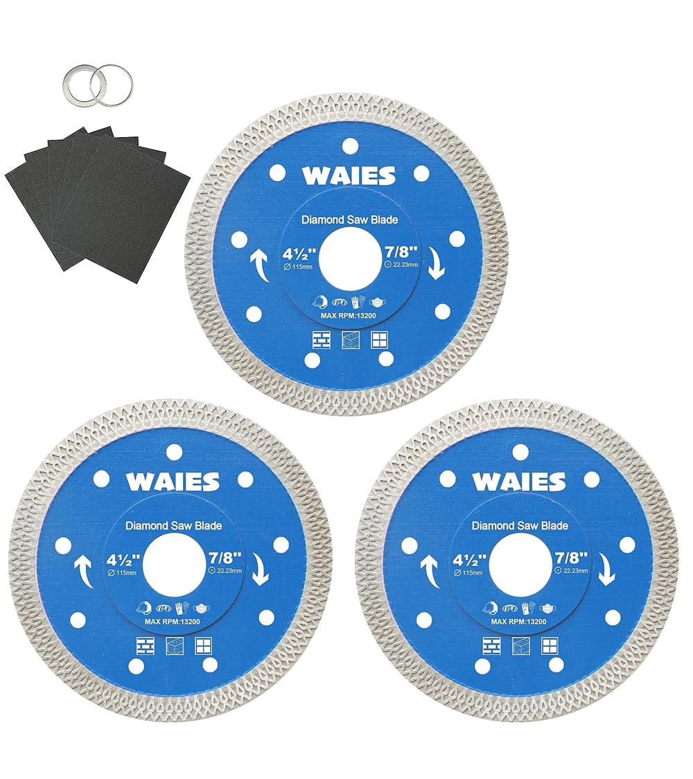 Waies Diamond Cutting Discs 115mm for Angle Grinder,Thin Cutting Wheel for Tile Porcelain Brick Ceramic Concrete Granite Marble (3 Pcs)