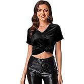 Allegra K Halloween Velvet Shirt for Women's Casual V Neck Short Sleeve Velvet Tops