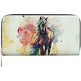 TREJUKY Watercolor Horse Wallet for Men Women Elegant Long Clutch Zip Around Travel Leather Coin Purse Large Capacity Credit Card Holder Handbag