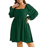 RWJ Womens Long Sleeve Mini Dress 2025 Fall Elegant Square Neck A Line Ruched Smocked Wedding Guest Party Plus Size Dresses